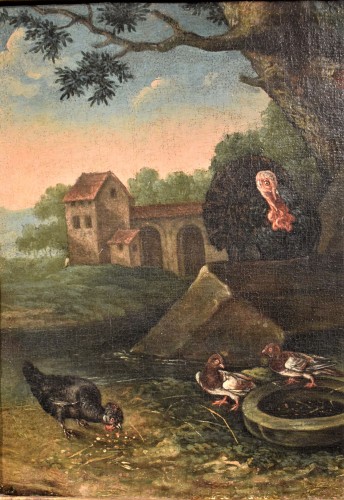 Cour de ferme avec des animaux et des Fleurs - École Flamande du XVIIe siècle - Romano Ischia